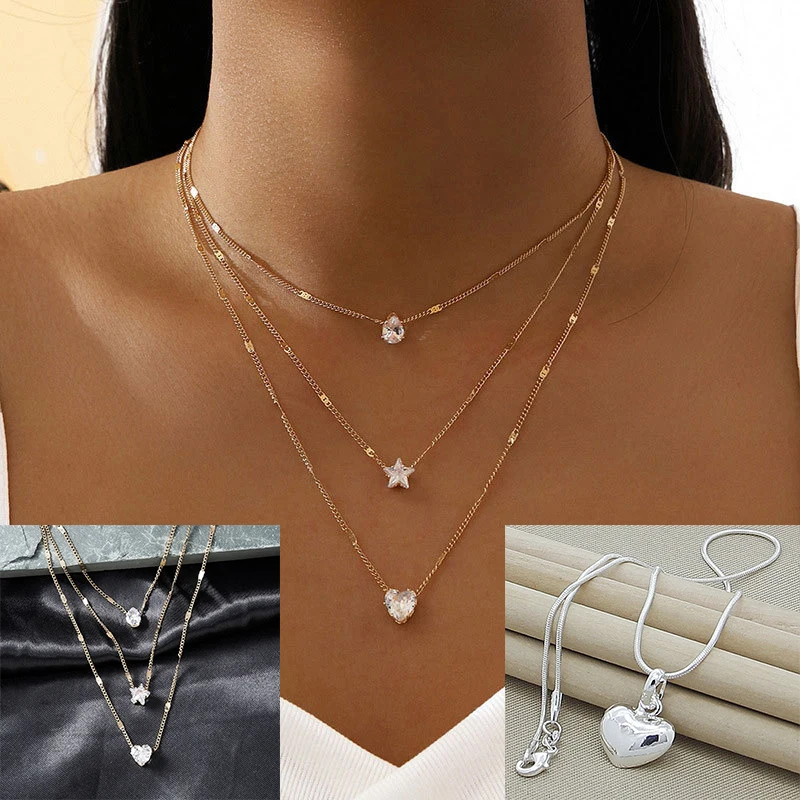 Silver Color Zircon Love Necklace for Women Creative Trendy Design Exquisite Temperament Christmas Jewelry Gifts