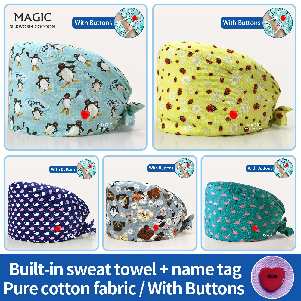 

High Quality Cotton printing unisex Elastic Scrub Hat with Buttons Nurse Scrubs Caps operating room pharmacy Dentist working cap