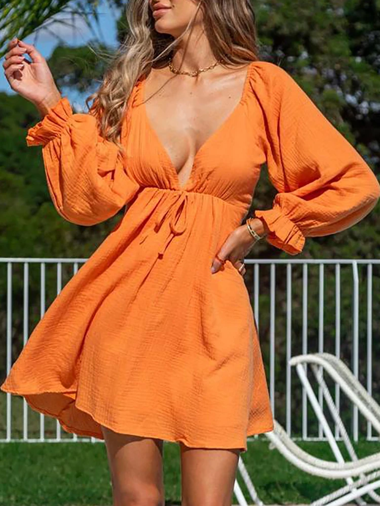 

Элегантное женское свободное праздничное платье с открытой спиной, женское однотонное мини-платье с расклешенным длинным рукавом, сексуал...