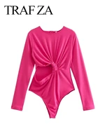 traf za elegant bodysuit solid color rose red pinch fold asymmetric hollow sexy long sleeve zipper concealed buckle jumpsuit