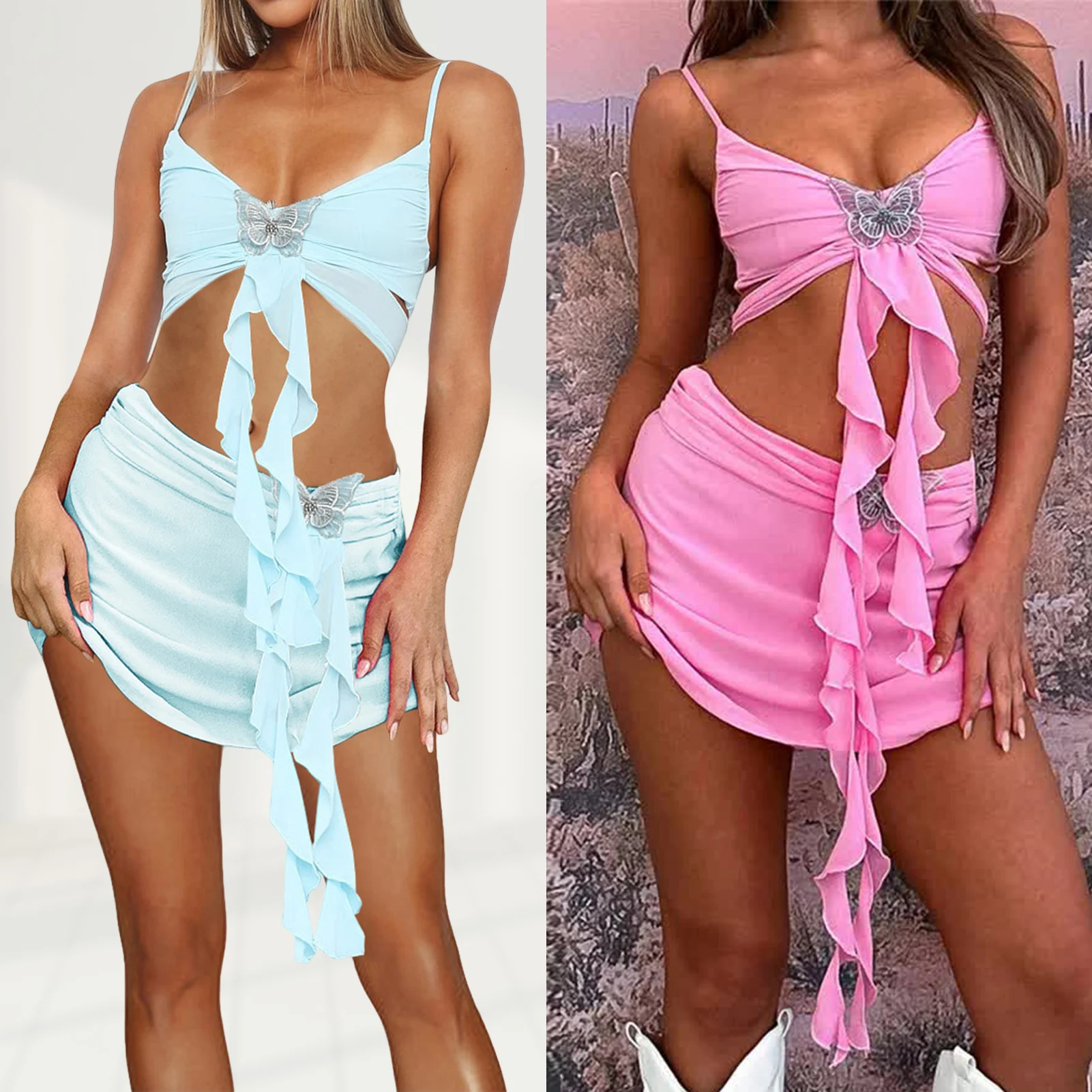 

2 Piece Mini Skirt Set Navel Exposed Ladies Sling Shirt Top Short Skirt Y2K Style Solid Color Sleeveless Beach Suit