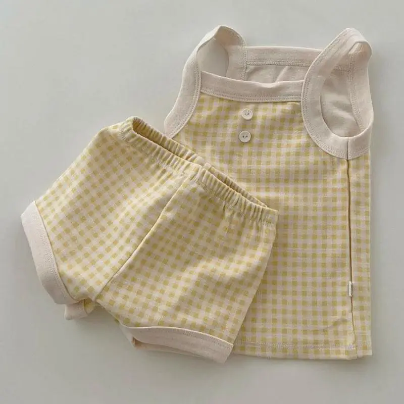 

Newborn Baby Girl Fashion Plaid Sling Cool Tops All-match Sleeveless T-shirt And Toddler Boy Soft Cotton Shorts 2pc Set