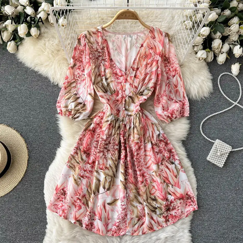 

Женское модельное платье миди с высокой талией, элегантное винтажное платье с цветочным принтом, V-образным вырезом и коротким рукавом