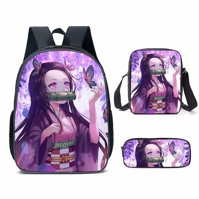3 Piece Girls Boys Primary School Student Shoulder Bags Demon Slayer Nezuko Tanjirou Children Anime Backpacks Pen Bag 2022 New