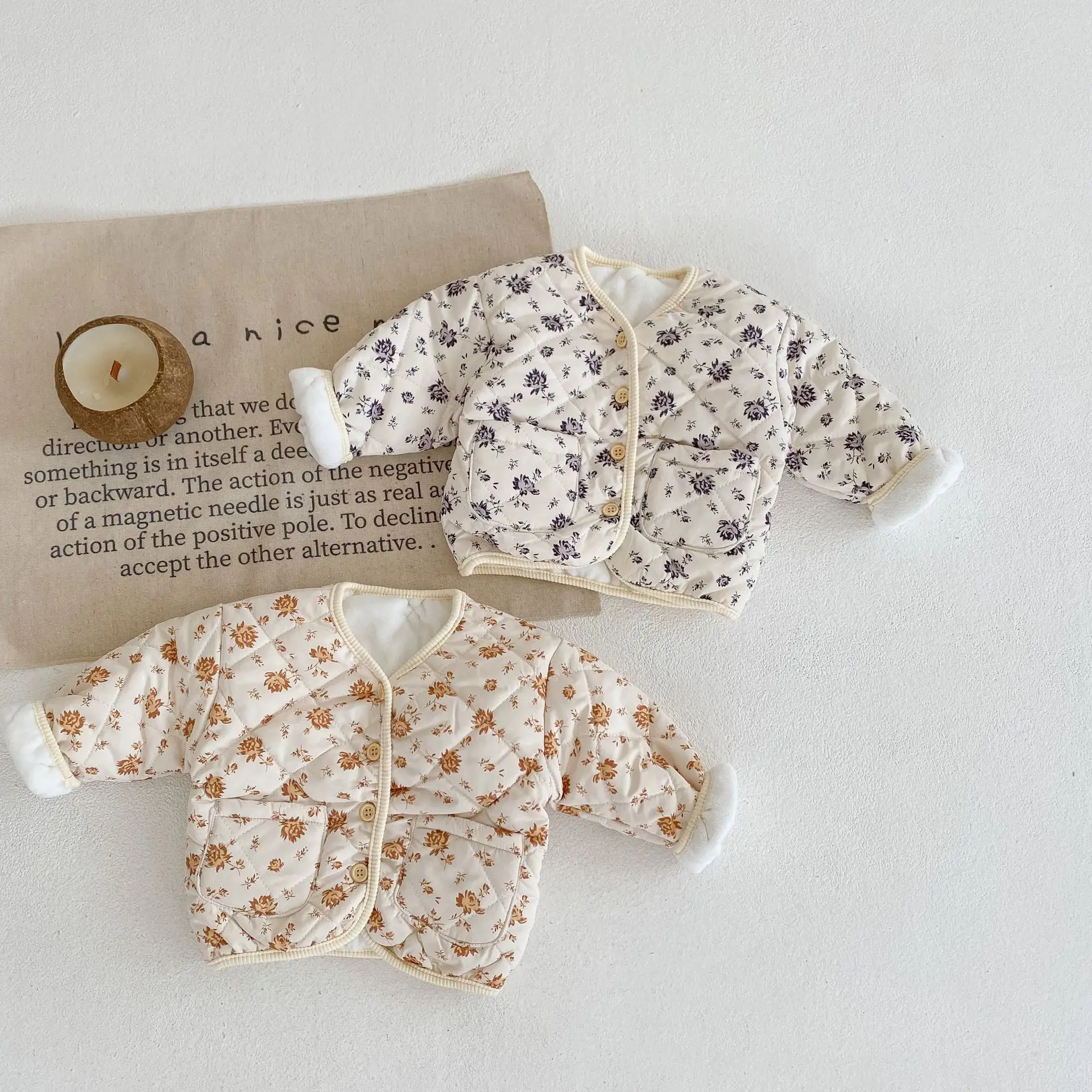 

2022 Autumn Winter New Newborn Thicken Flower Print Cotton Coat Girl Toddler Cardigan Long Sleeve Tops Boy Fashion Pocket Jacket