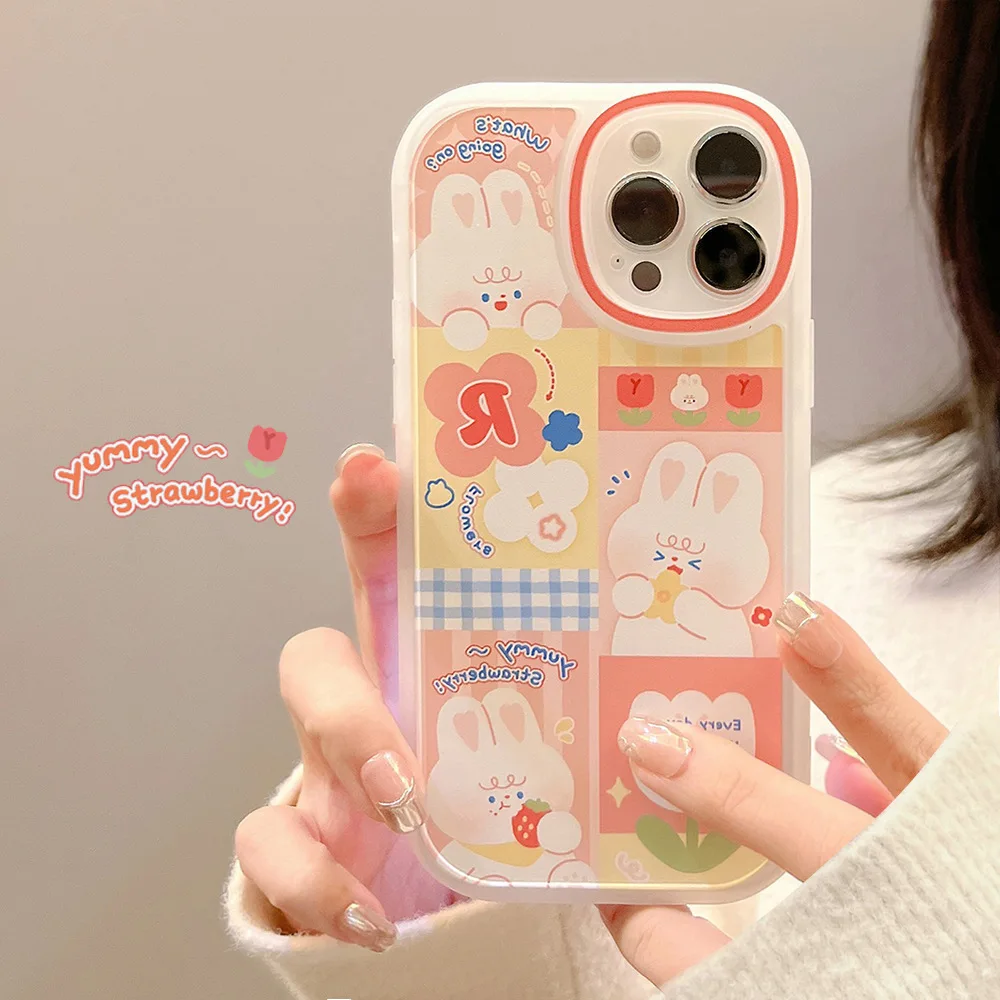 Retro sweet Kawaii bunny rabbit tulip art Phone Case For iPhone 13 12 11 Pro Max Xr Xs Max 7 8 Plus case Cute Cartoon Soft cover