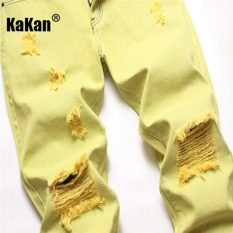 Kakan - New European and American Distressed Jeans for Men, Black and Yellow Khaki Hot Selling Straight Leg Casual Long JeansK44