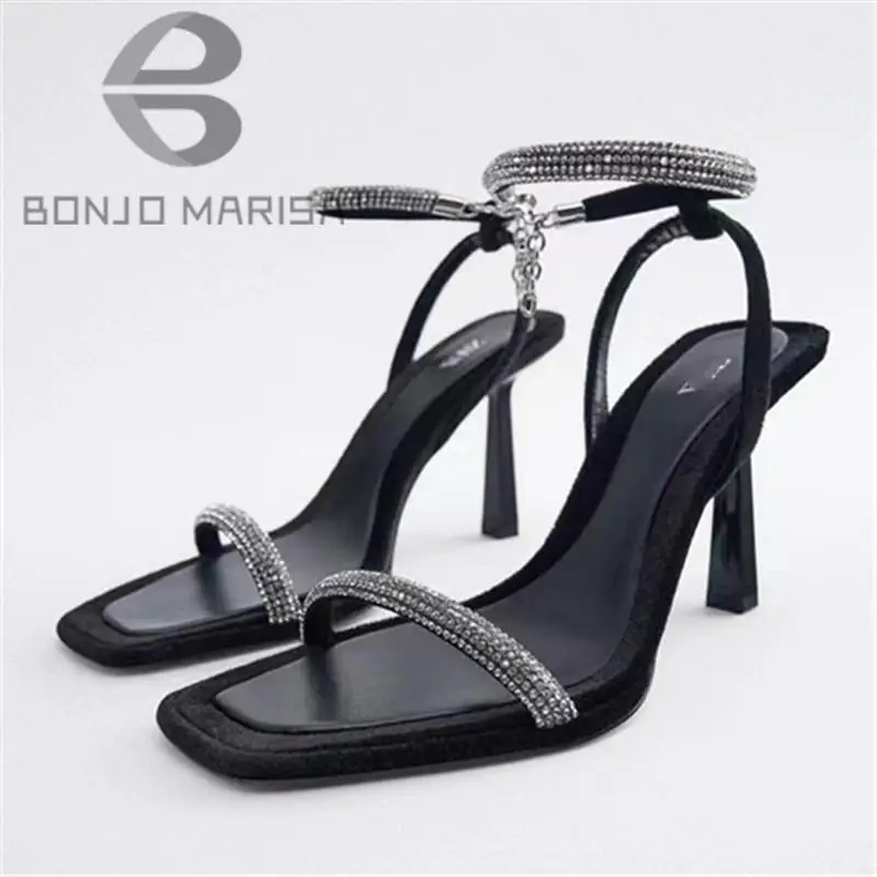 

Summer Sparkly Sandals For Women Rhinestone Bling Ankle Strap Heels Chunky Thin Heel Sqaure Toe Sexy Brand Shoes 2023 Spring