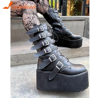 hot sale ladies gothic boots platform shoes punk women wedges high heels black cool cosplay rivet boots woman plus size 34 48