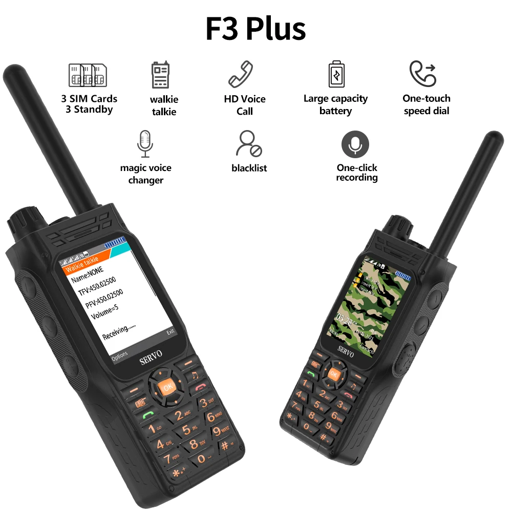 

SERVO F3 Plus 3 SIM Cards Walkie Talkie Mobile Phone UHF 400-470MHz Power Bank Speed Dial Auto Record Call Magic Voice Cellphone