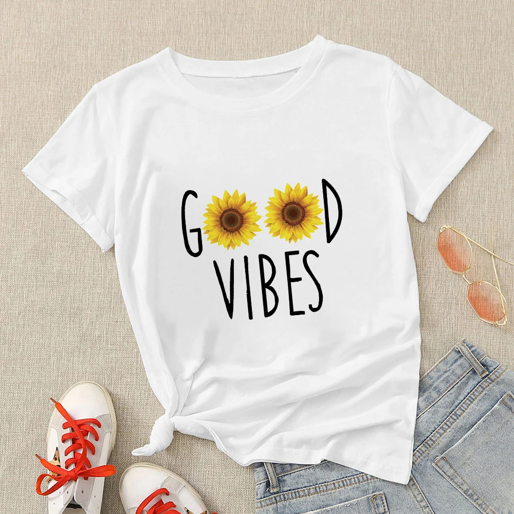 

Good Vibes Unique Design Women T-shirts Printed White Short Sleeve T Shirts Fashion Casual Versatile Round Neck Comfortable Soft
