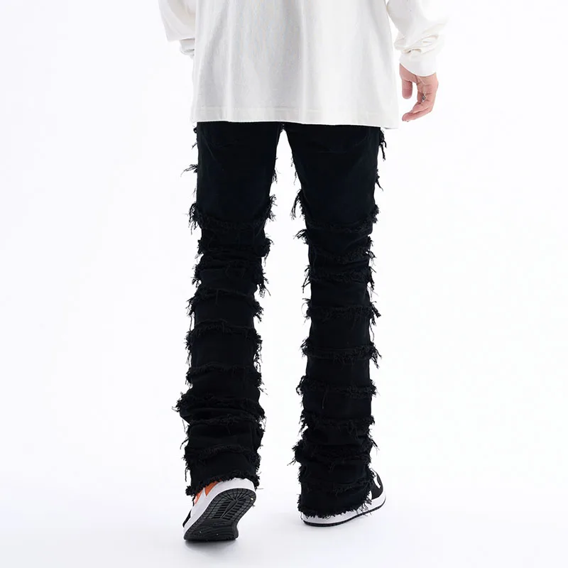 Harajuku Hip Hop High Streetwear Striped Tassel Frayed Straight Baggy Jeans Pants Men and Women Solid Color Casual Denim Trouser
