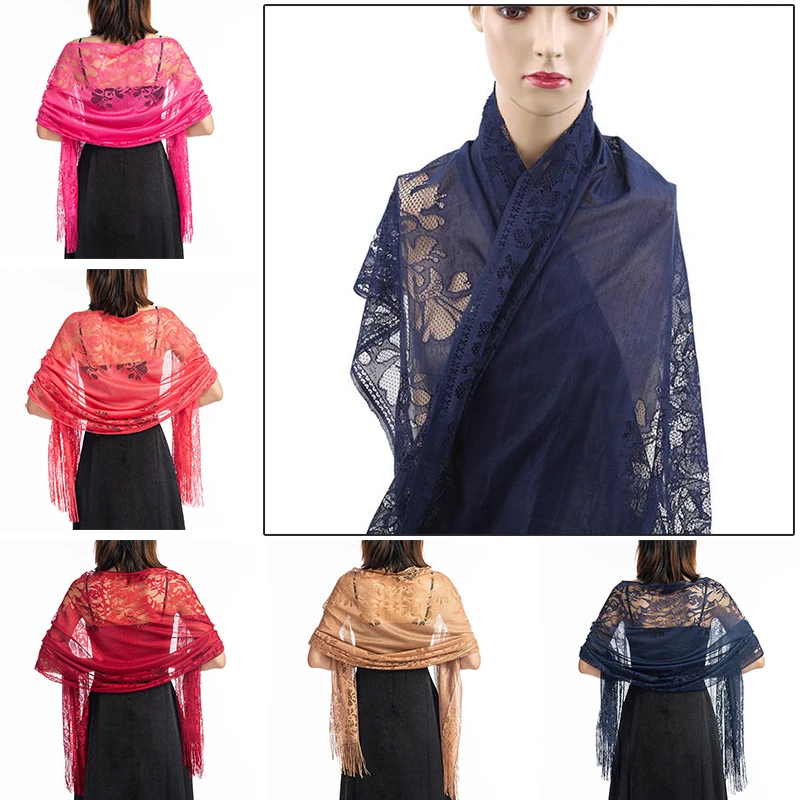 

Women cutout Lace Shawl Wrap For Evening Dress Wedding Elegant soft Scarves stylish Fringes Scarf party dinner accessories