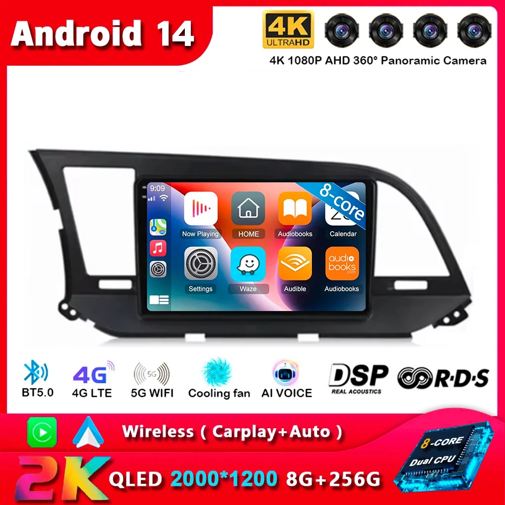 Android 14 Carplay Auto для Hyundai Elantra 6 2016 2017 2018 Мультимедийный автомобильный радиоплеер WIFI +
