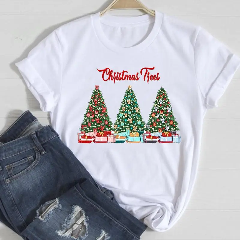 

Women Gift Tree Lovely 90s Trend Merry Christmas T-shirts Cartoon Fashion New Year Top Graphic Tshirt Holiday Travel Tee