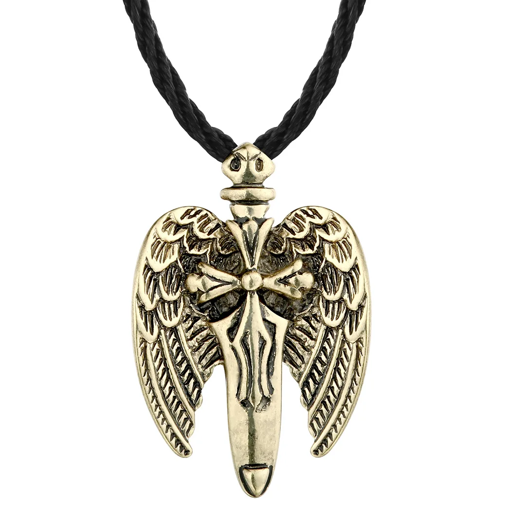 

Retro New Sword and Angel Wings Pendant Round Cross Rope Chain Short Long Couple Silver Men's Necklace Jewelry Gift Wholesale