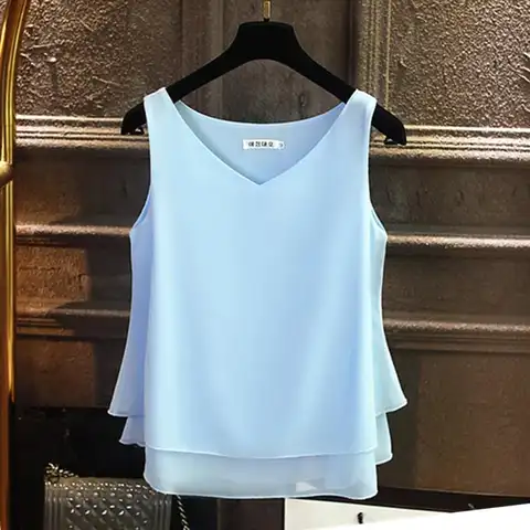 2022 Fashion Brand Spring Women's Blouse Summer Sleeveless Chiffon Shirt Solid V-neck Casual Blouse Plus Size Loose Top Blouse
