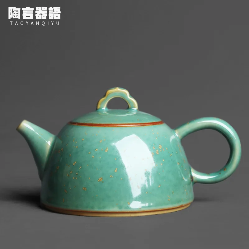 

Yuzhou Jun kiln round hand-held teapot oil drop Tianmu kiln baked crystal gold spot kung fu tea maker single pot