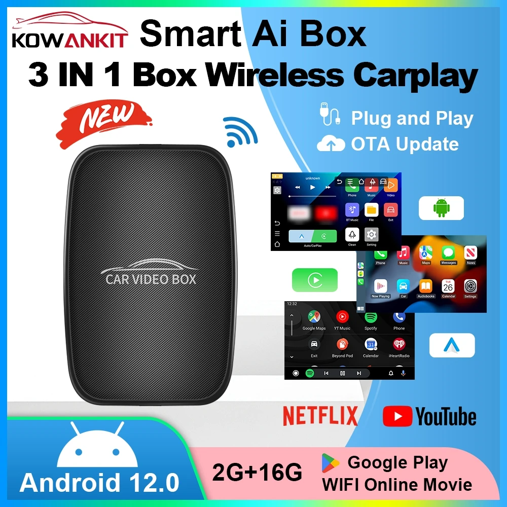 Фото 3 в 1, беспроводной CarPlay Android Auto Dongle, универсальный Plug & Play Mini AI Box, Android TV, Bluetooth-адаптер для автомобиля KowanKit 2026 №1