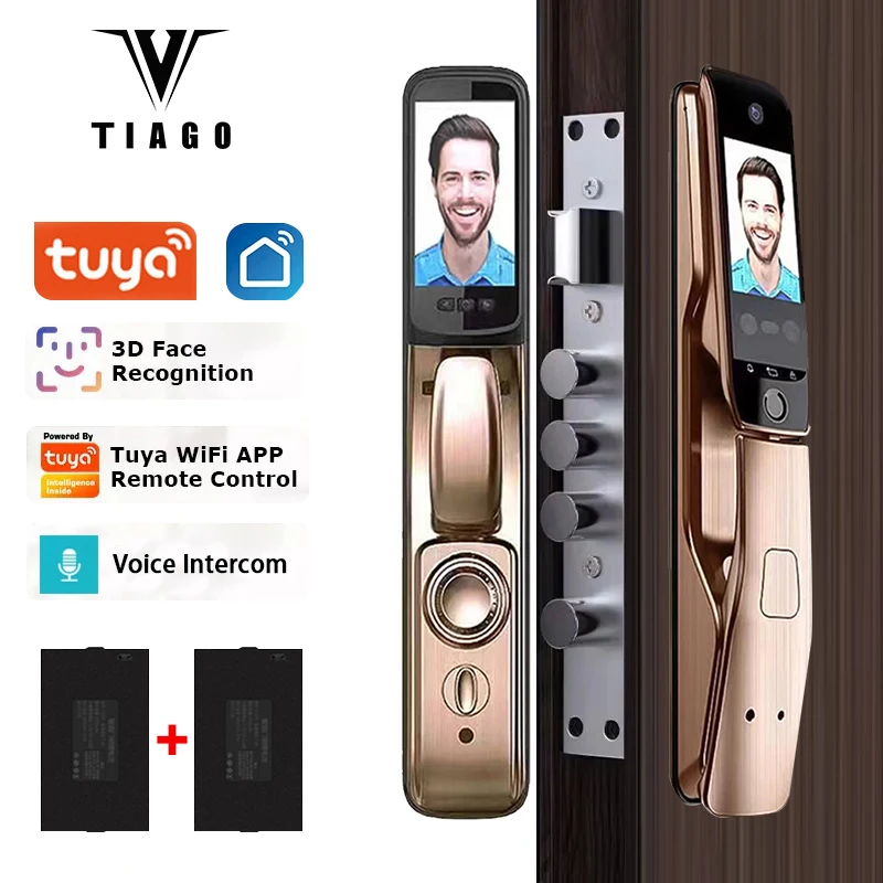 

WiFi Tuya APP Dual Screen 3D Face Recognition Smart Door Lock Voice Intercom High Quanlity With Camera Automatic Door Lock