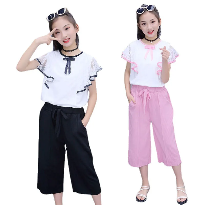 

Teenager Girls Summer Clothes Sets for Kids Wear Set Toddler Girl Clothes Fashion Children Clothing Top + Wide Pants 2PCS