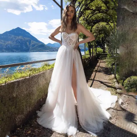 Exquisite Wedding Dress High Split Sweetheart-Neck Sleeveless Bride Gowns Tulle Sweep Train Bead Lace Appliques Vestido de Novia