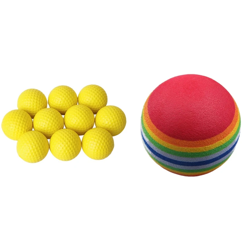

10Pcs Yellow Indoor Practice PU Golf Ball & 50Pcs Golf Swing Training Aids Indoor Practice Sponge Foam Rainbow Balls