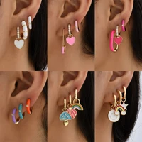 3pair set boho multicolor round piercing huggie earrings for women girls cute heart star smiley pendant hoop earring jewelry