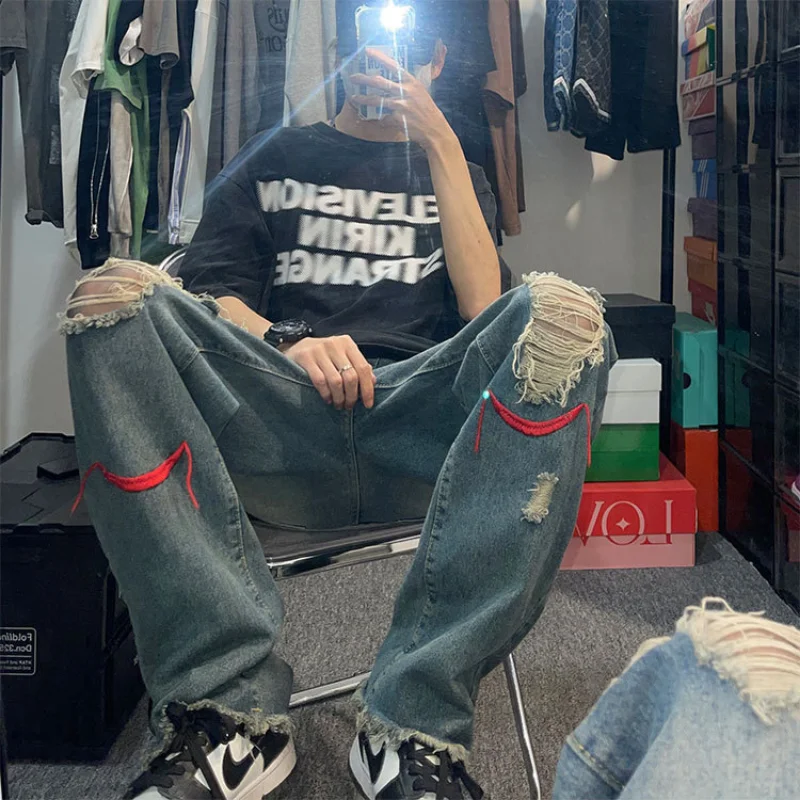 DEEPTOWN Ripped Jeans Men Retro Streetwear Straight Trousers Summer Hip-hop Embroidery Loose Denim Pants Fashion Hole Distressed