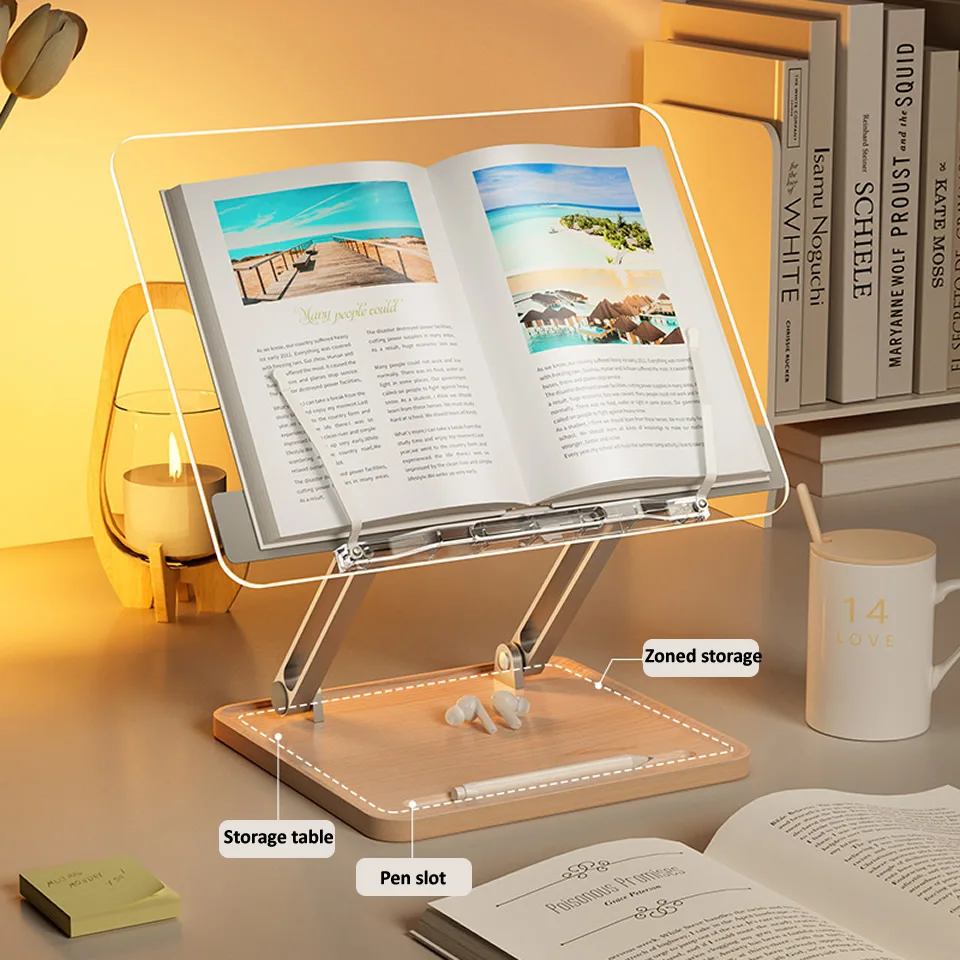 Liftable Wooden Reading Stand Transparent Acrylic Multifunctional Lifting Tablet Holder Laptop Bracket Desktop Storage Bookshelf