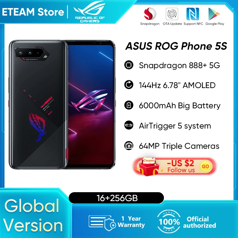 

HK Version ASUS ROG Phone 5S 5G Smartphone Global Version 16GB 256GB Snapdragon 888+ 6000mAh 65W Fast charging Gaming Phone