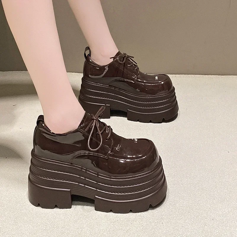 10CM Autumn Women Patent Leather Chunky Sneakers Fur Loafers High Heels Platform Winter Warm Plush Casual Snow Shoes Flats Woman