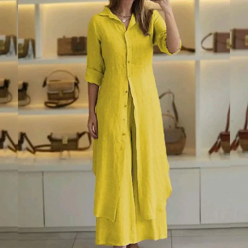 Женский брючный костюм из 2 предметов повседневный элегантный хлопка и льна на