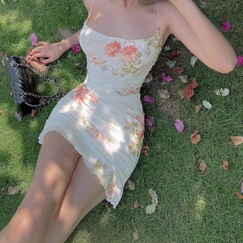 

Новинка 2023, женское цветочное мини-платье Y2K, эстетическое милое платье без рукавов с оборками на подоле, Сексуальная Милая женская юбка