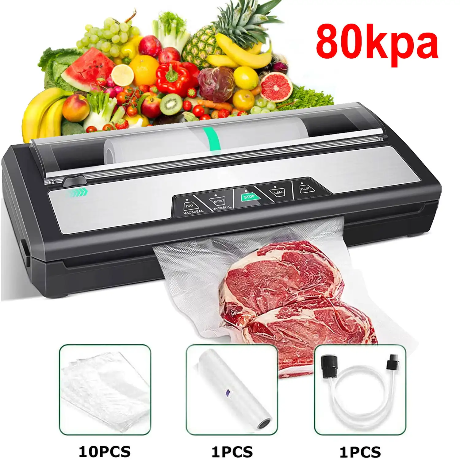 

Food Vacuum Sealer Machine, 80Kpa Stainless Steel Food Sealer Machine with Dry, Moist Modes, Roll, Bags and Hose for Food, Jars
