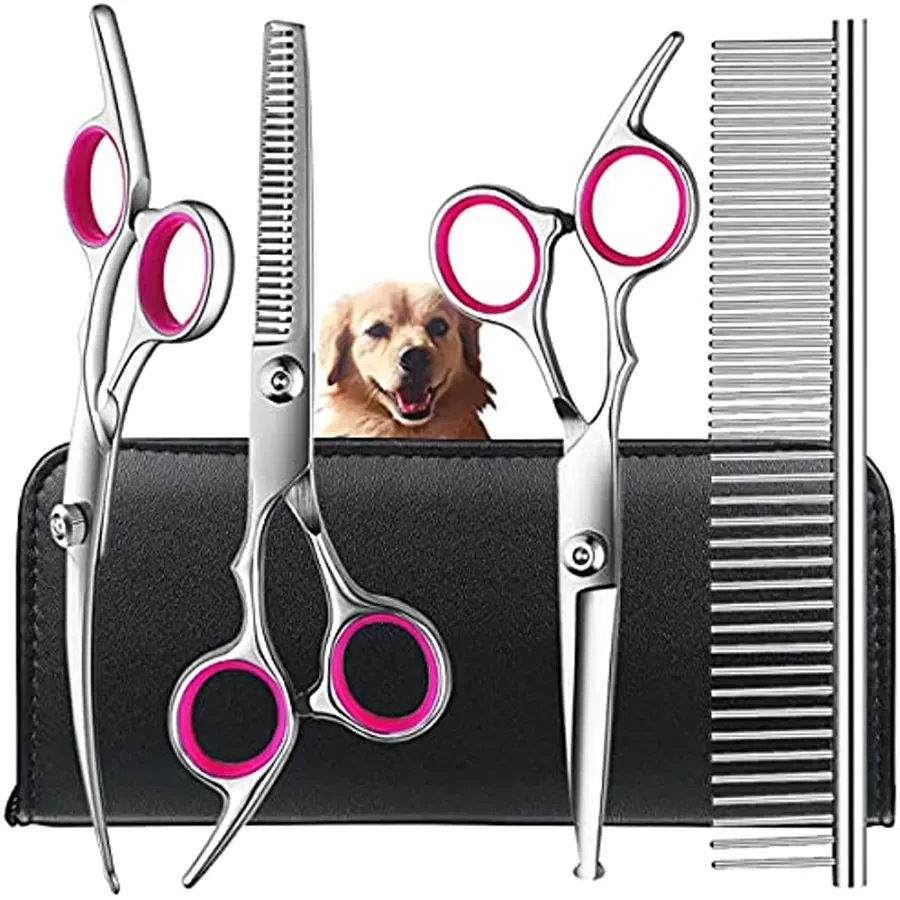 

Pet Dog Cat Grooming Shears Set - Thinning, Stainless Steel Straight & Curved Shears, Safety Round Tips & Comb - Dog Grooming Sc