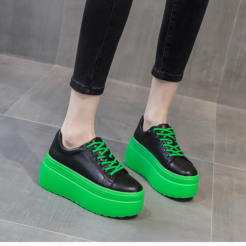 

Genuine Leather Women Casual Shoes Super Thick 8cm Platform Wedge Fashion Sneakers Chunky Spring Flats Zapados Mujer