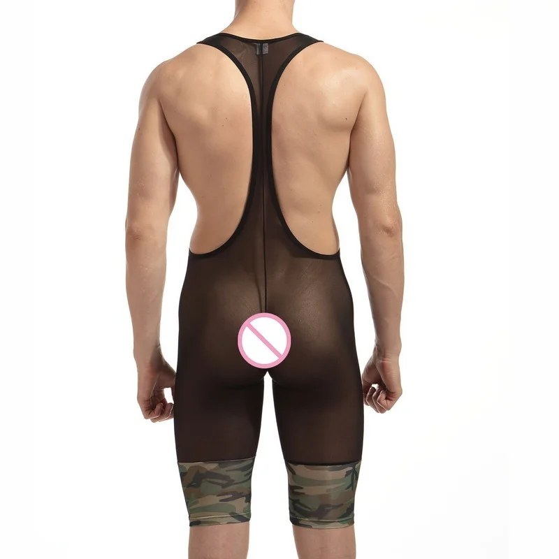 Mesh Men Undershirt Sexy Jumpsuit See Camouflage Soft Breathable Underwear Transparent Shorts Bodysuits Boxers Wrestling Suits