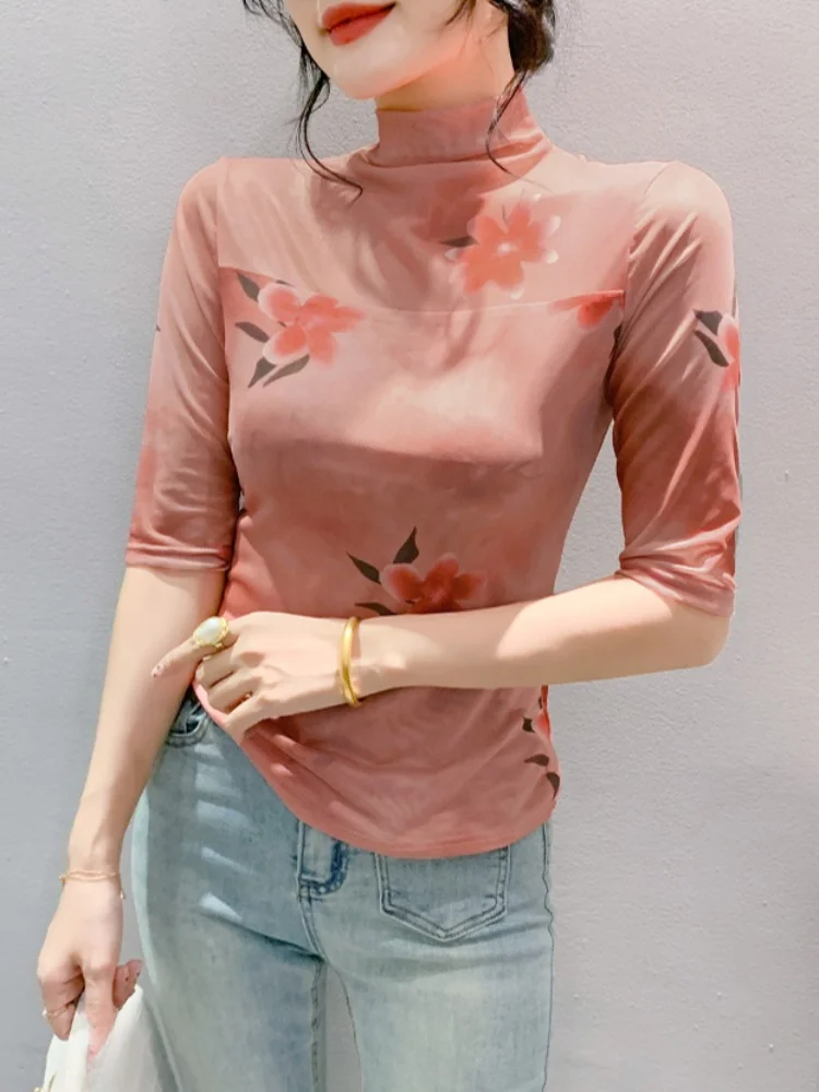 Женская футболка с полувысоким воротником сетчатая одежда Новинка лета 2024