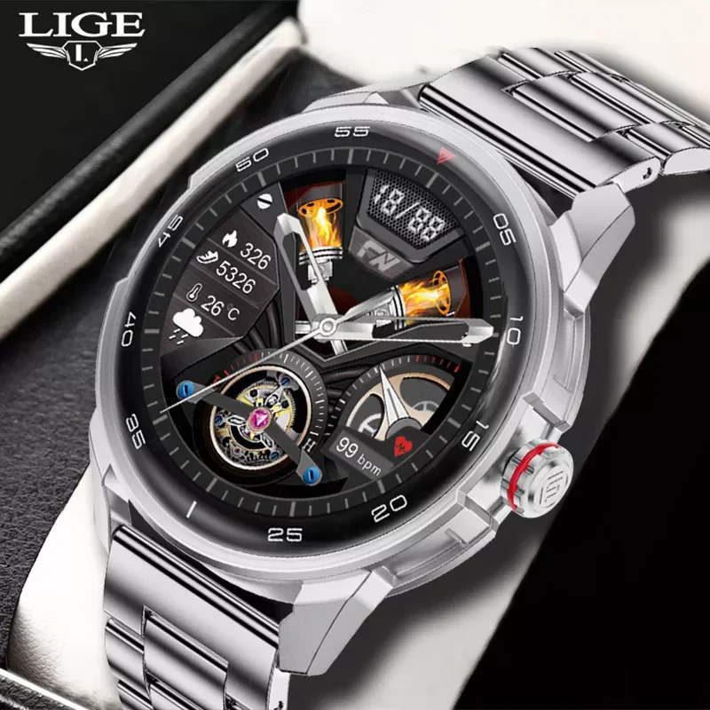 

LIGE Men Stainless Smart Watch 1.32"HD Fitness Tracker Heart Rate Blood Pressure Monitor IP68 Waterproof Smartwatch For Men