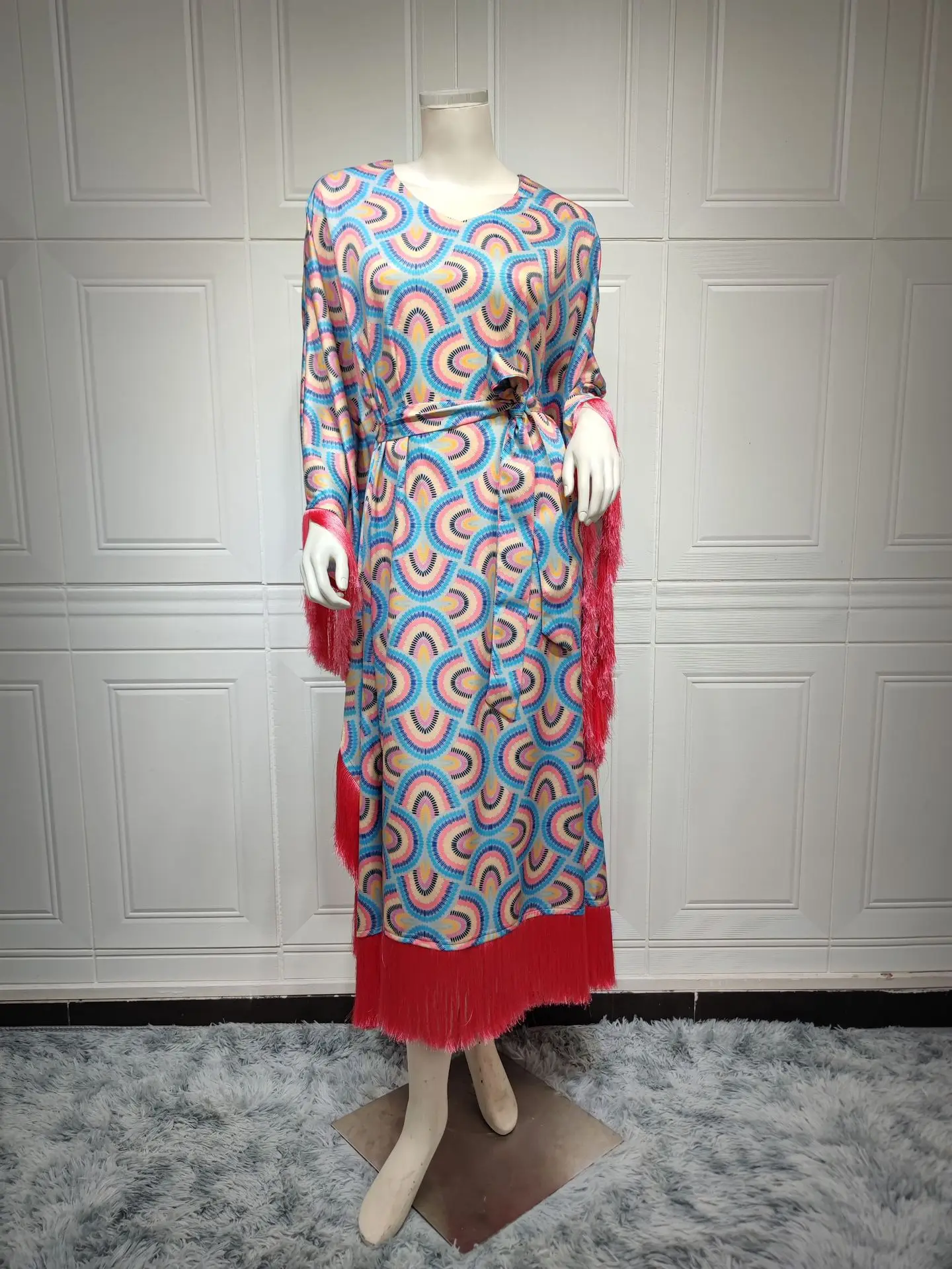 

Floral Print Bat Sleeve Oversized Gown Dresses Tassel Patchwork Belted Banquet Kaftan Turkey Muslim Abaya Women Dress