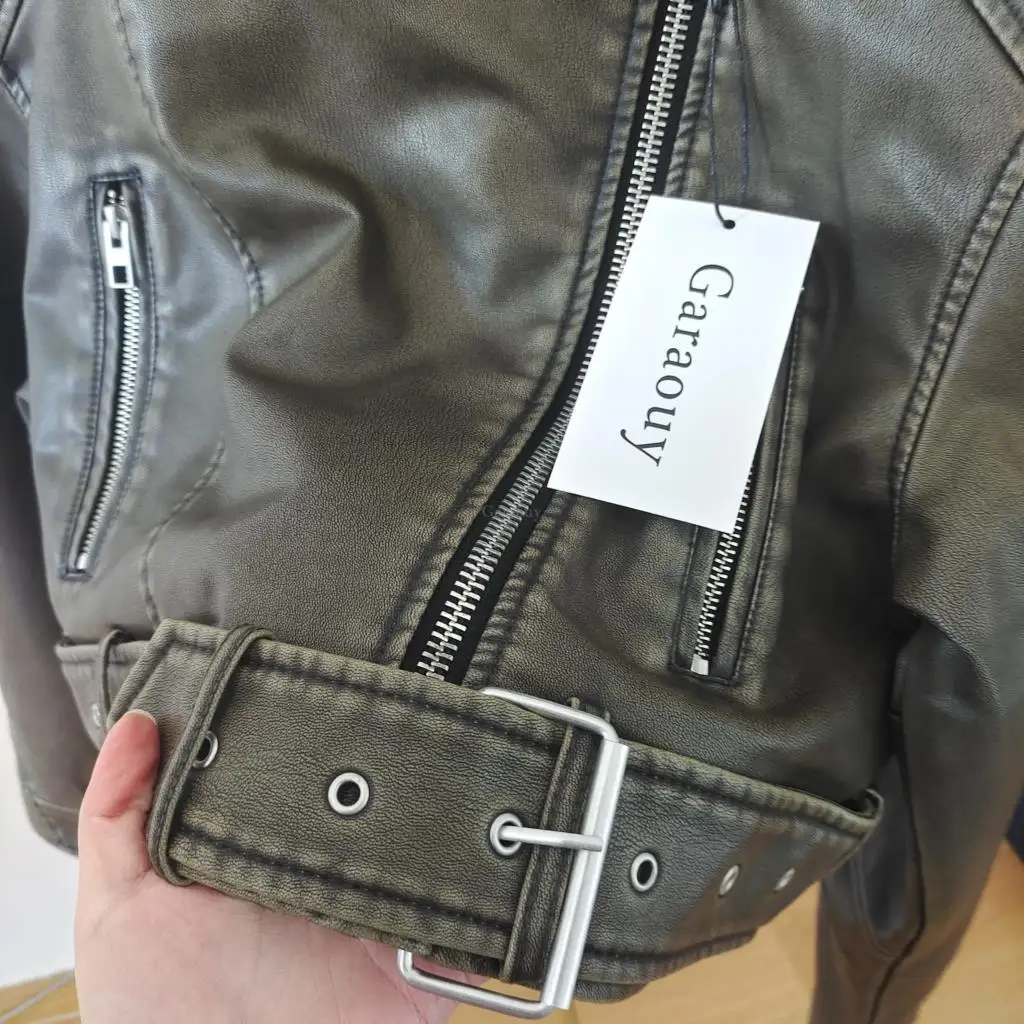 New Spring Woman Faux Leather Jacket Chic Vintage Short Lapel Zipper Belt Biker Coats Fashion Streetwear Mujer Tops