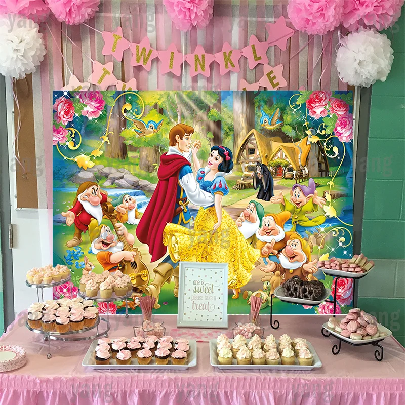 Cute Snow White Princess Seven Dwarfs Disney Support Customize Party Forest Cabin Backdrops Background Baby Shower Kids Birthday enlarge