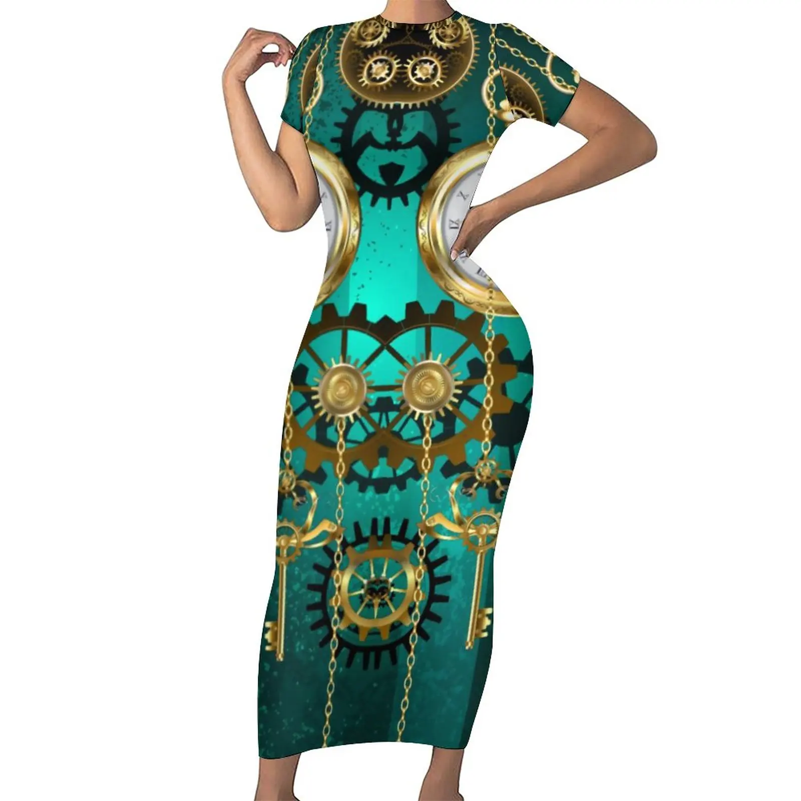 

Steampunk Jewelry Watch Dress Clockwork Print Street Fashion Bodycon Dress Holiday Pretty Maxi Dresses Graphic Oversize Vestidos