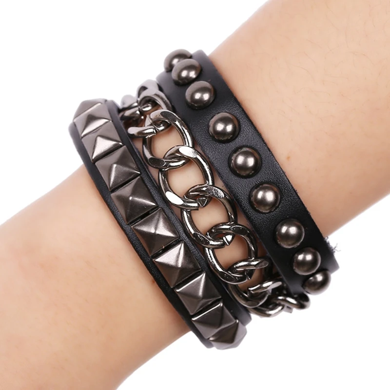

C6UD Punk Bracelet for Men Wome -Goth Black Leather Wristband with Metal Studded-Spike Rivets Cuff Bangle Jewelry Adjustable
