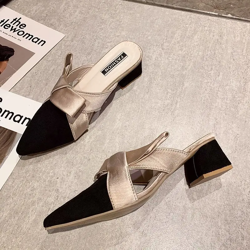 

Женские шлепанцы на высоком каблуке, Новинка лета 2022, модная женская обувь на толстом каблуке Muller с острым носком, сандалии и тапочки