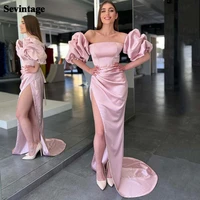 sevintage pink high side split satin mermaid prom dresses 2022 off the shoulder short sleeves dubai women formal evening gowns