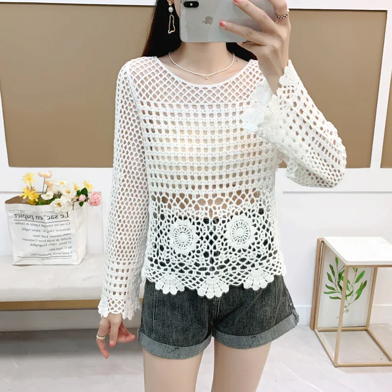 2023 Spring and Summer Crochet Hollow-out Knitted Blouse Long Sleeve Women's Short Thin Loose Sun Protection Clothing Wholesale