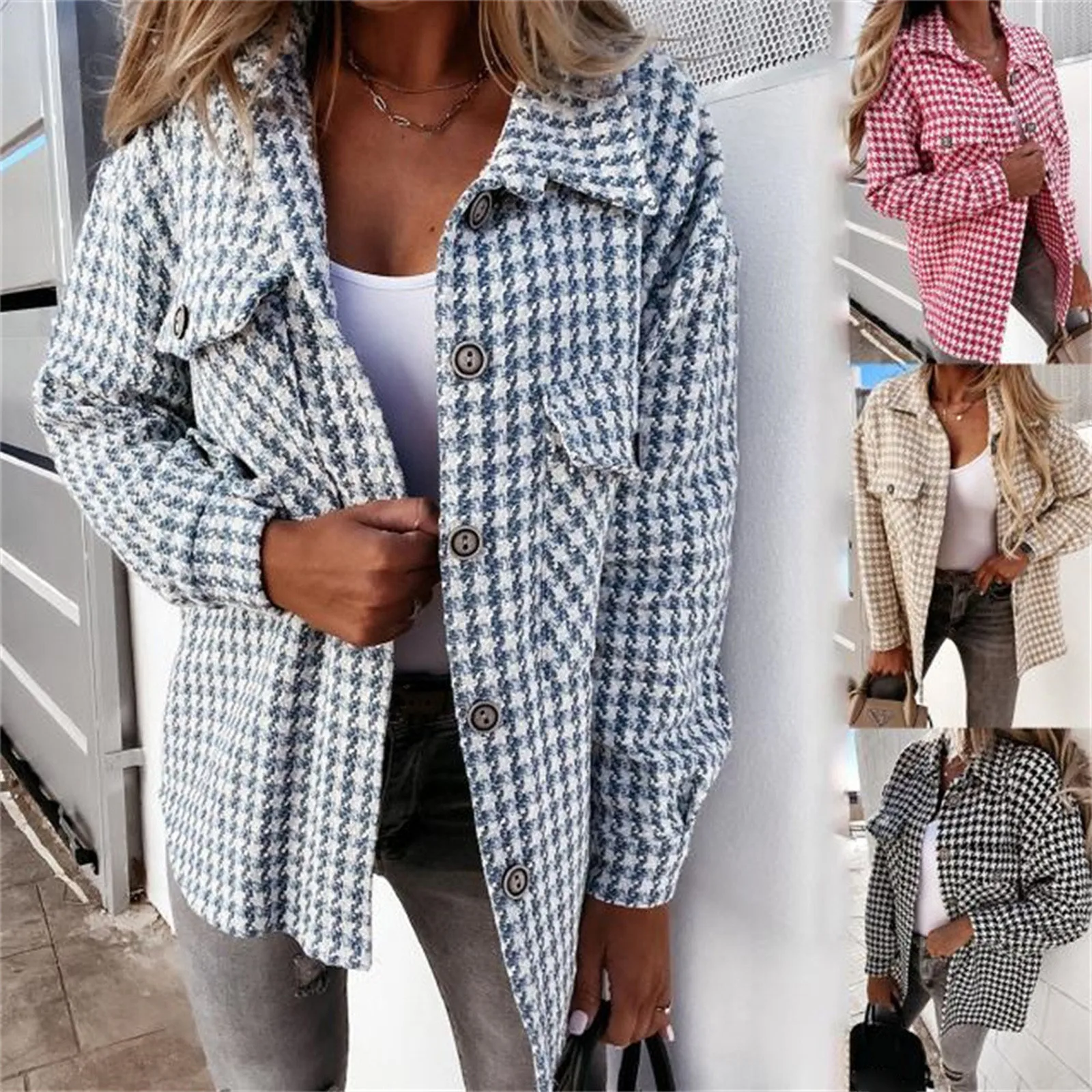 

Fashion Women's Single-breasted Long-sleeved Houndstooth Printed Woolen Office Formal Coat Jacket Outerwear Chaqueta Mujer