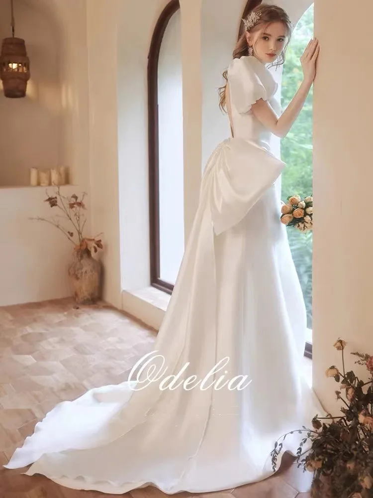 

Charming Simple Mermaid Satin Boho Wedding Dresses Puff Sleeve Robe De Mariee Elegant Evening Prom Backless Princess Bridal Gown